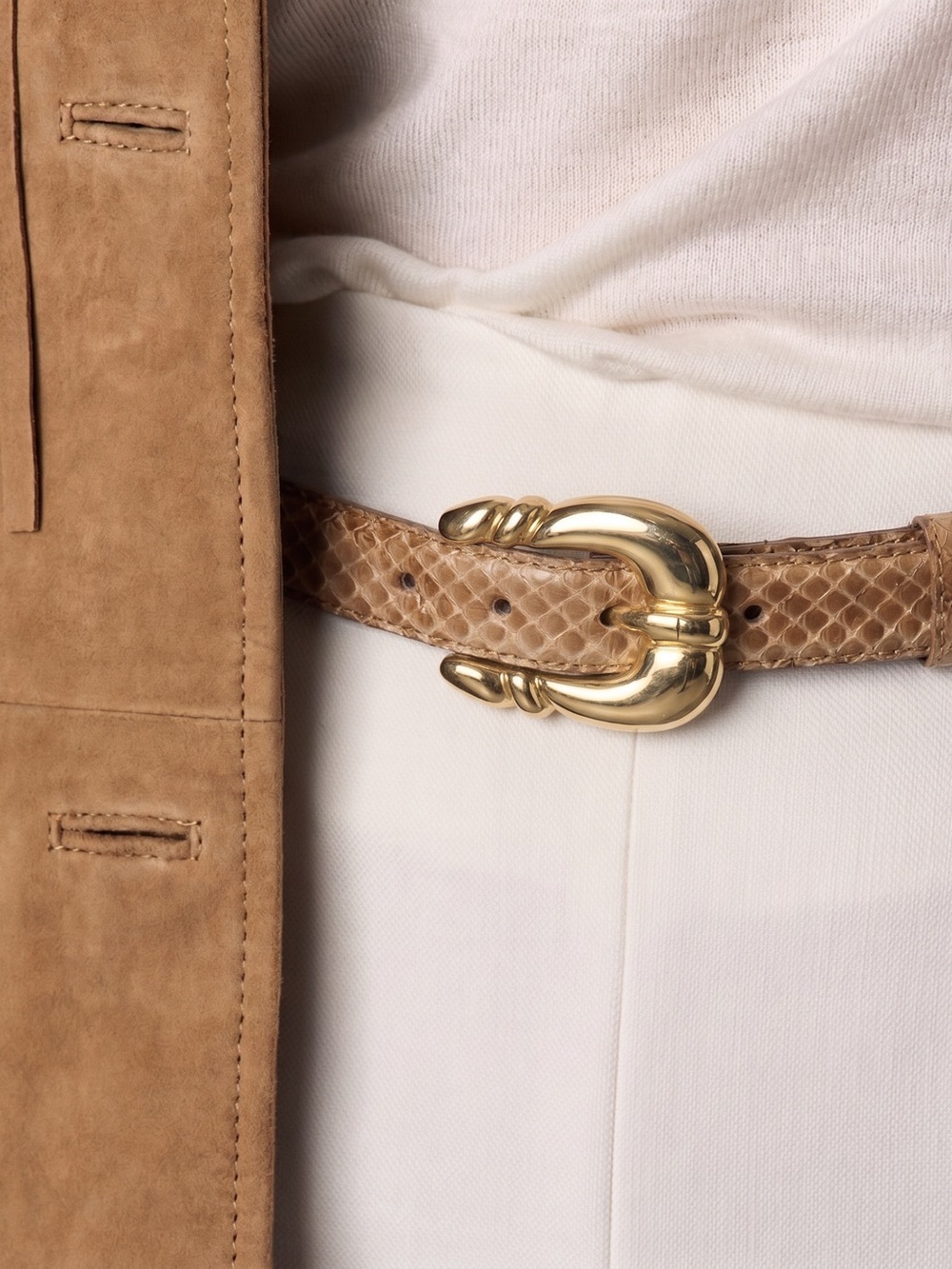 Mercanti Fiorentini Tan Snakeskin Belt with Gold Sculpted Buckle - Picture 1 of 4